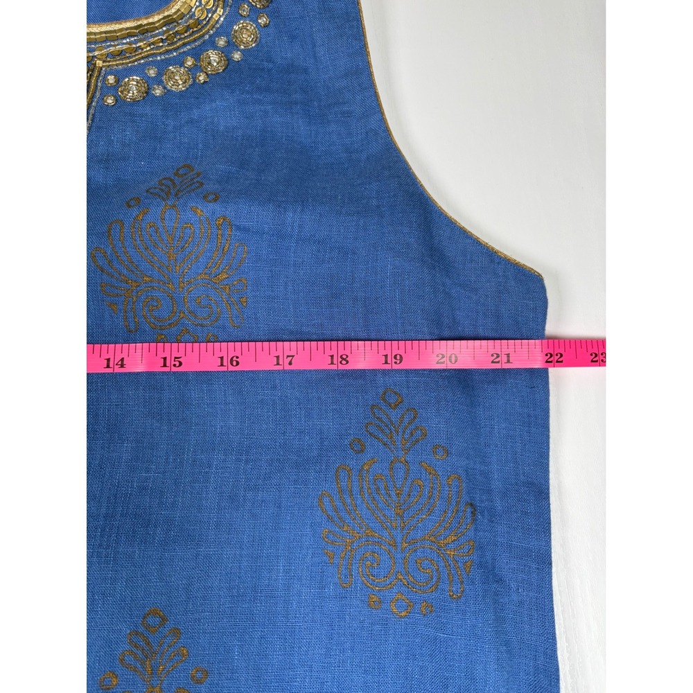 Soft Surroundings Blue Linen Gold Sequin Block Print Shift Dress L Coastal Boho - Picture 9 of 10